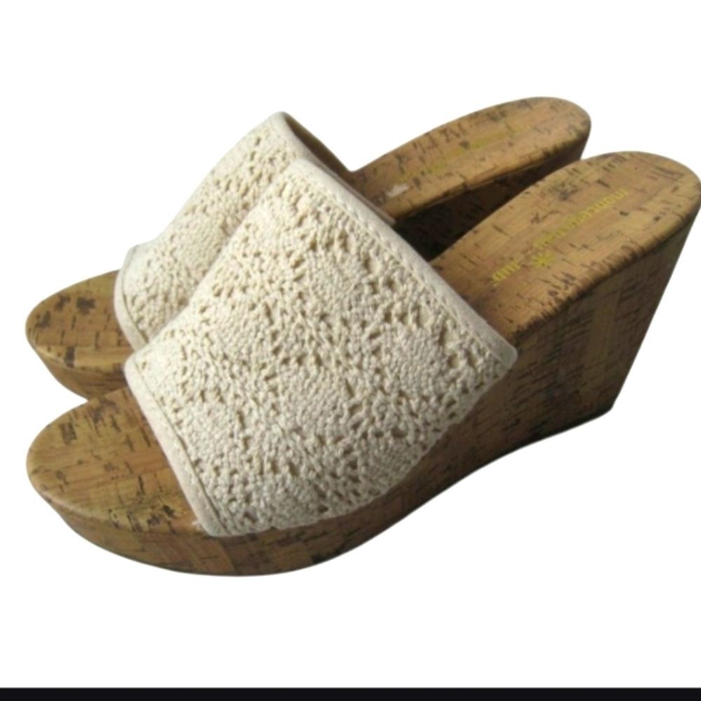 MONTEGO BAY CLUB Cream Crochet Tan Cork Wedge Slip On Sandals SZ 10
